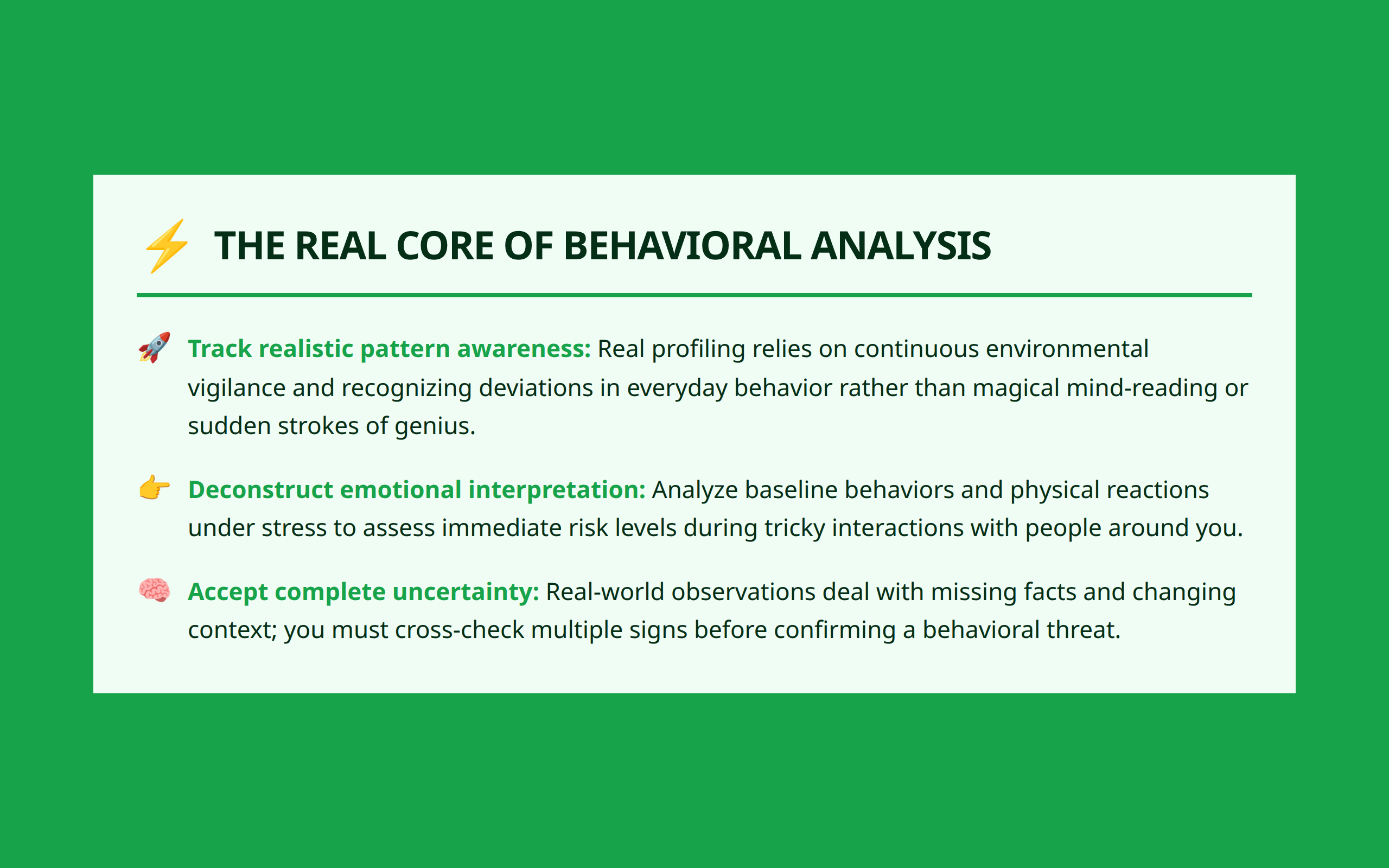 Core summary of fictional vs realistic behavioral profiling and pattern awareness.