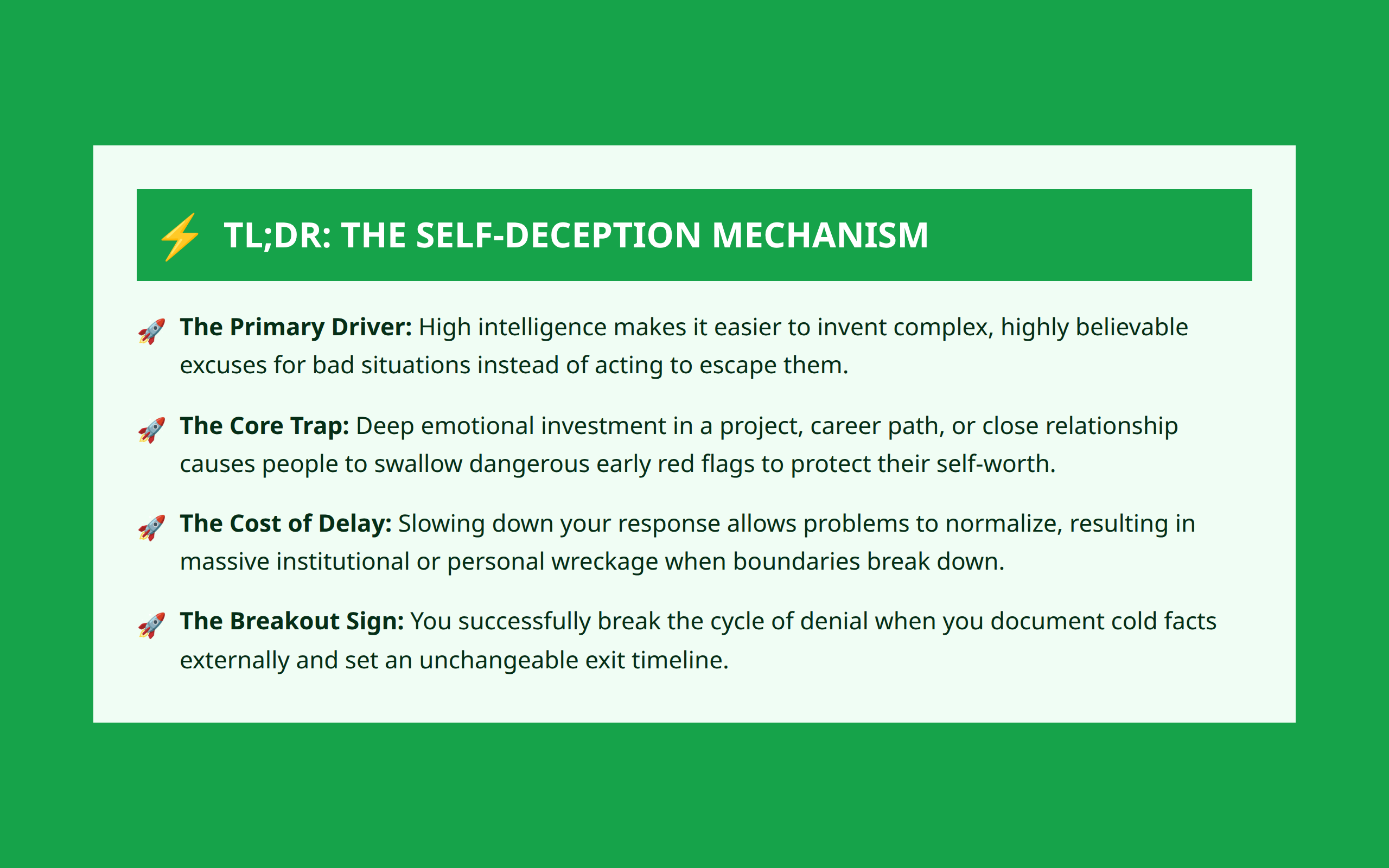 TLDR box summarizing why smart people ignore risk, outlining primary drivers and recovery signs.