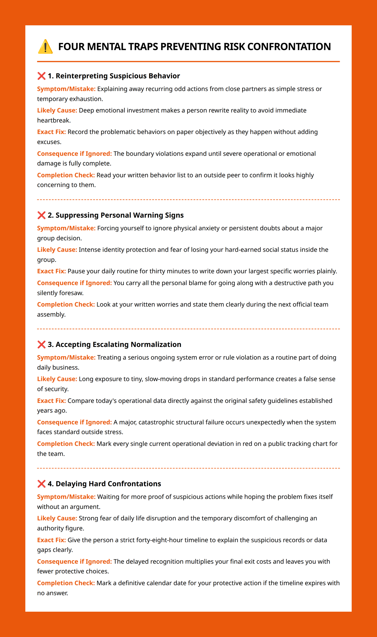 Checklist of self-deception mistakes showing symptoms, causes, fixes, and consequences of ignored risks.