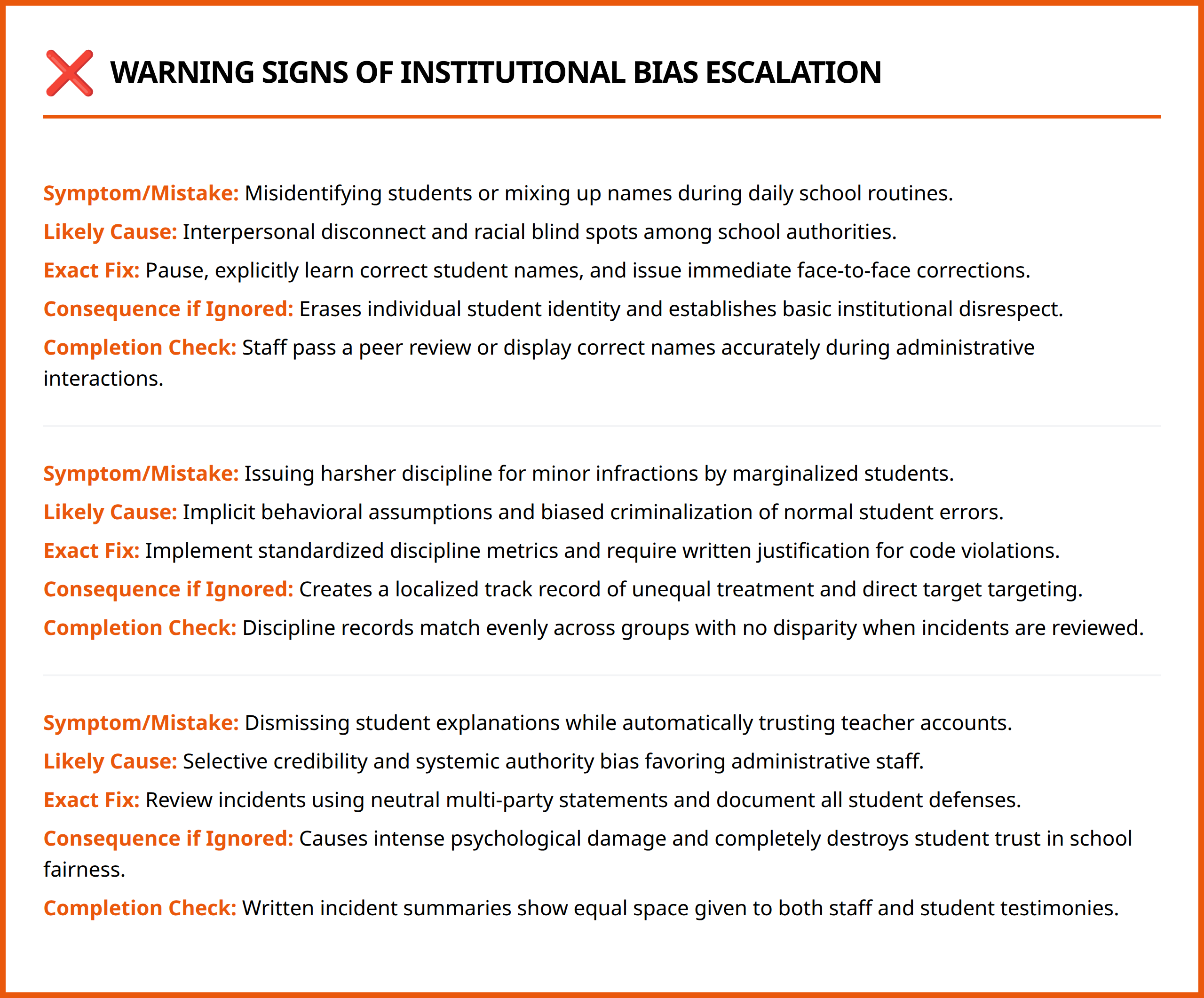 Checklist tracking school bias symptoms, causes, fixes, consequences, and verification signs.