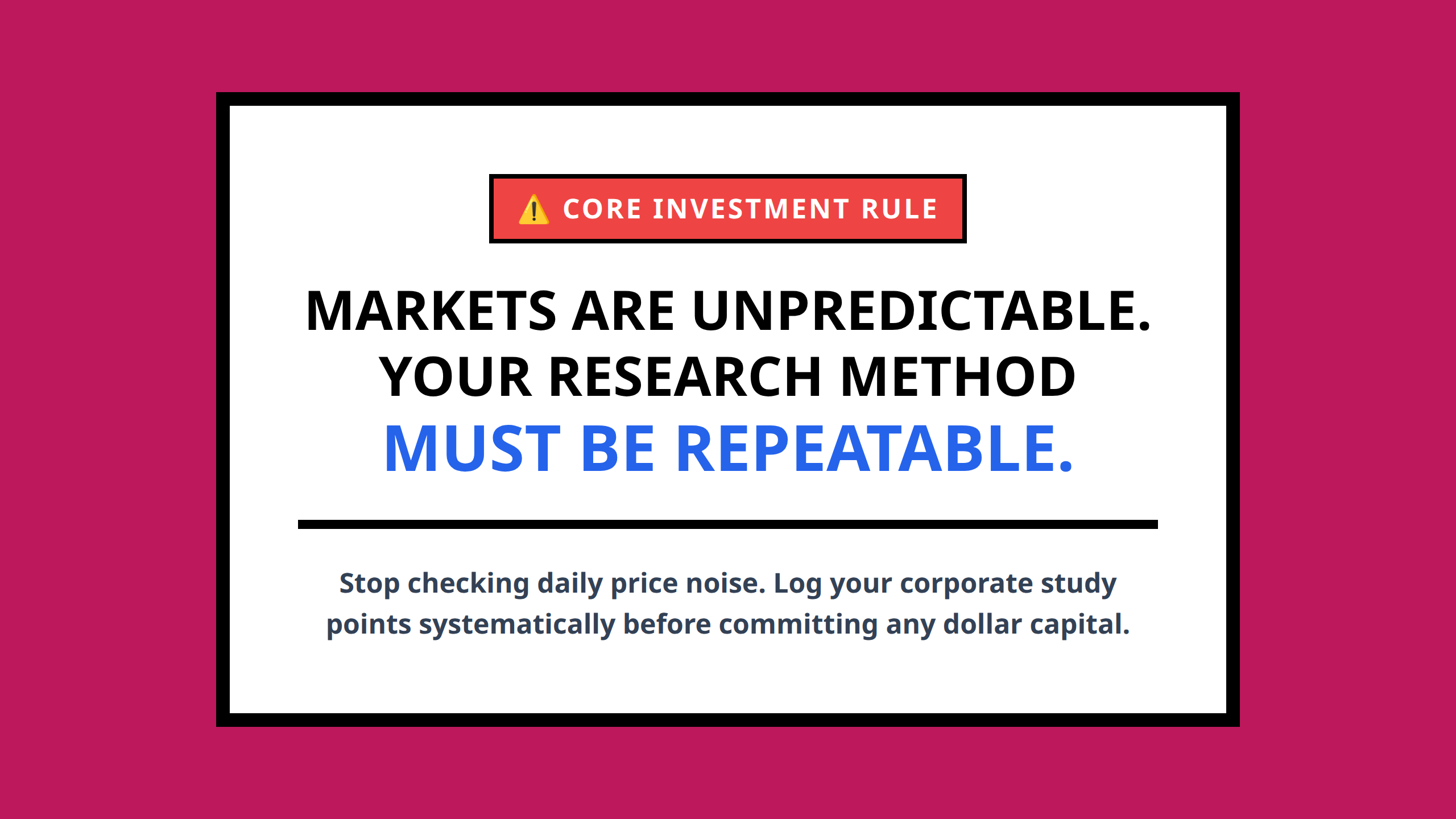 Investment discipline mini poster warning against emotional stock purchases and emphasizing process focus.