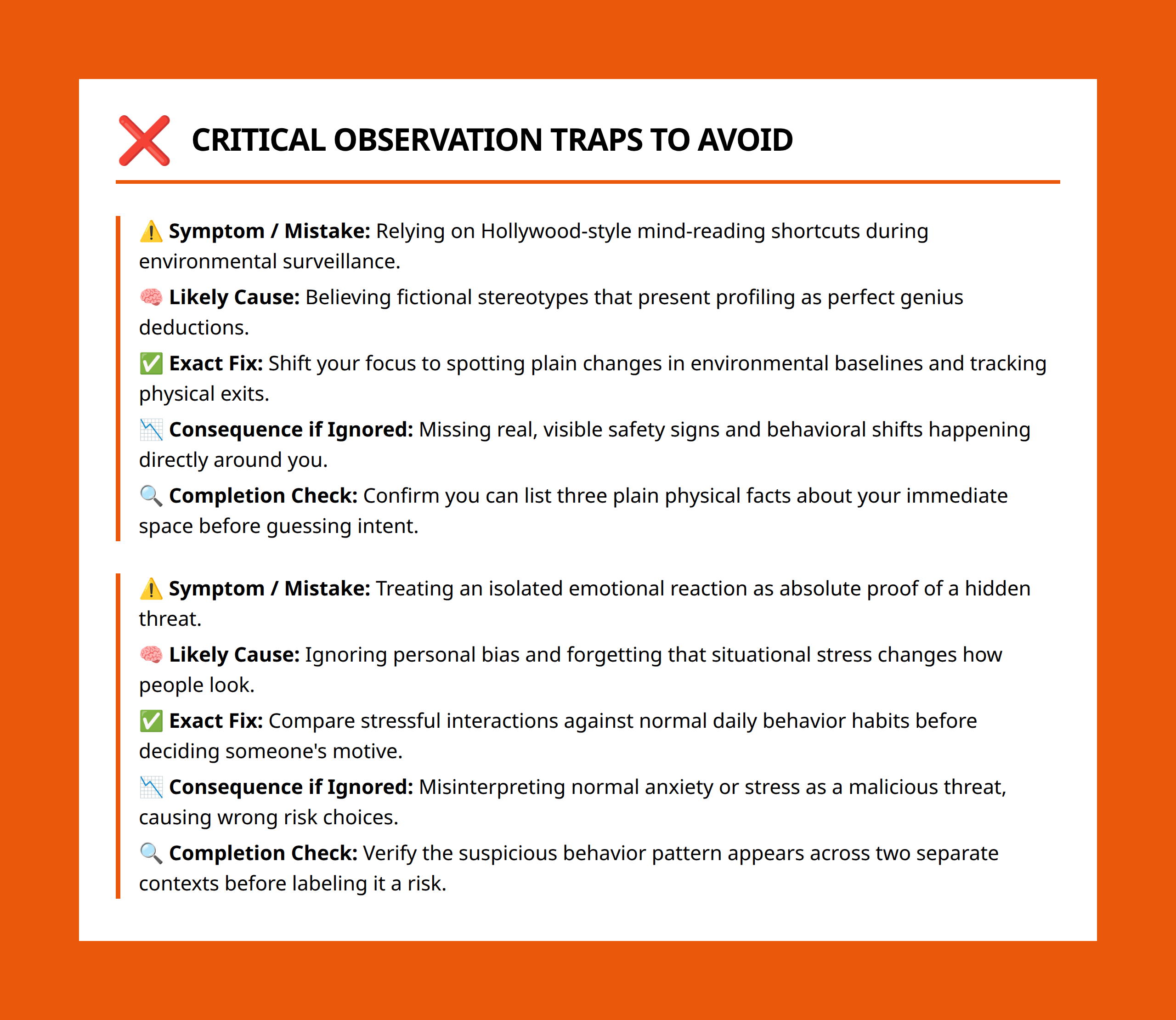 Checklist of common behavioral profiling traps, emotional blind spots, and practical fixes.