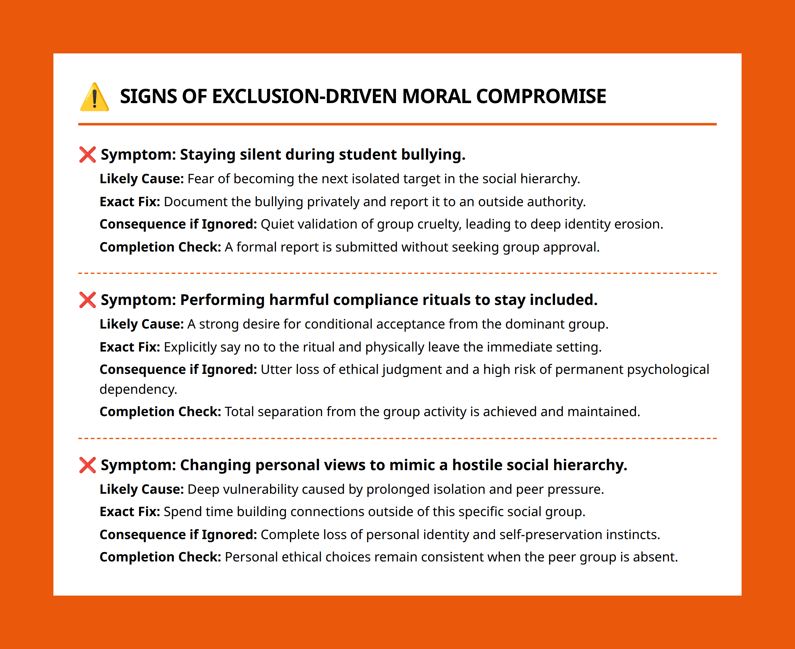 Checklist warning about symptoms of moral erosion due to fear of peer exclusion
