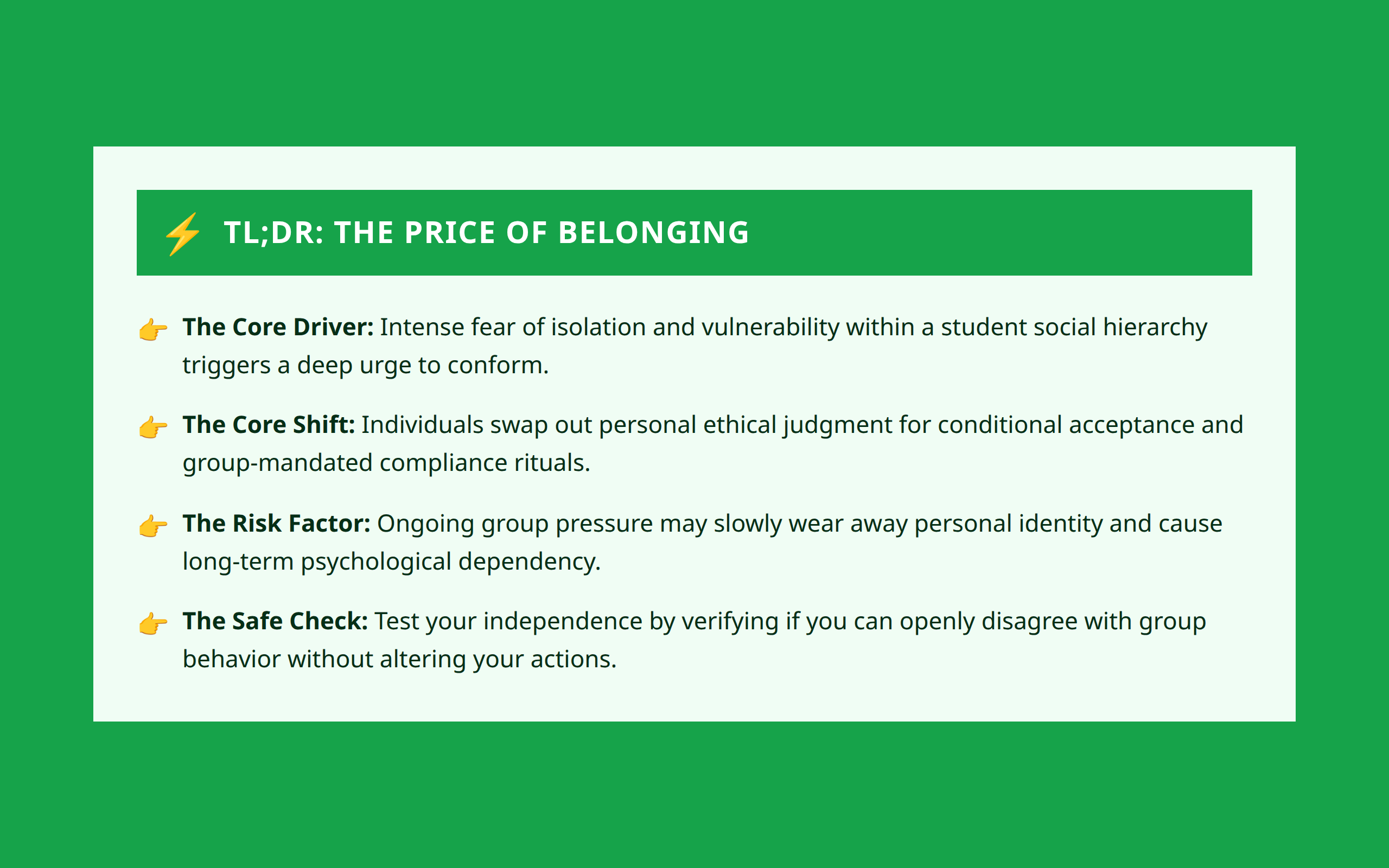 TLDR box summarizing how fear of isolation changes ethical choices