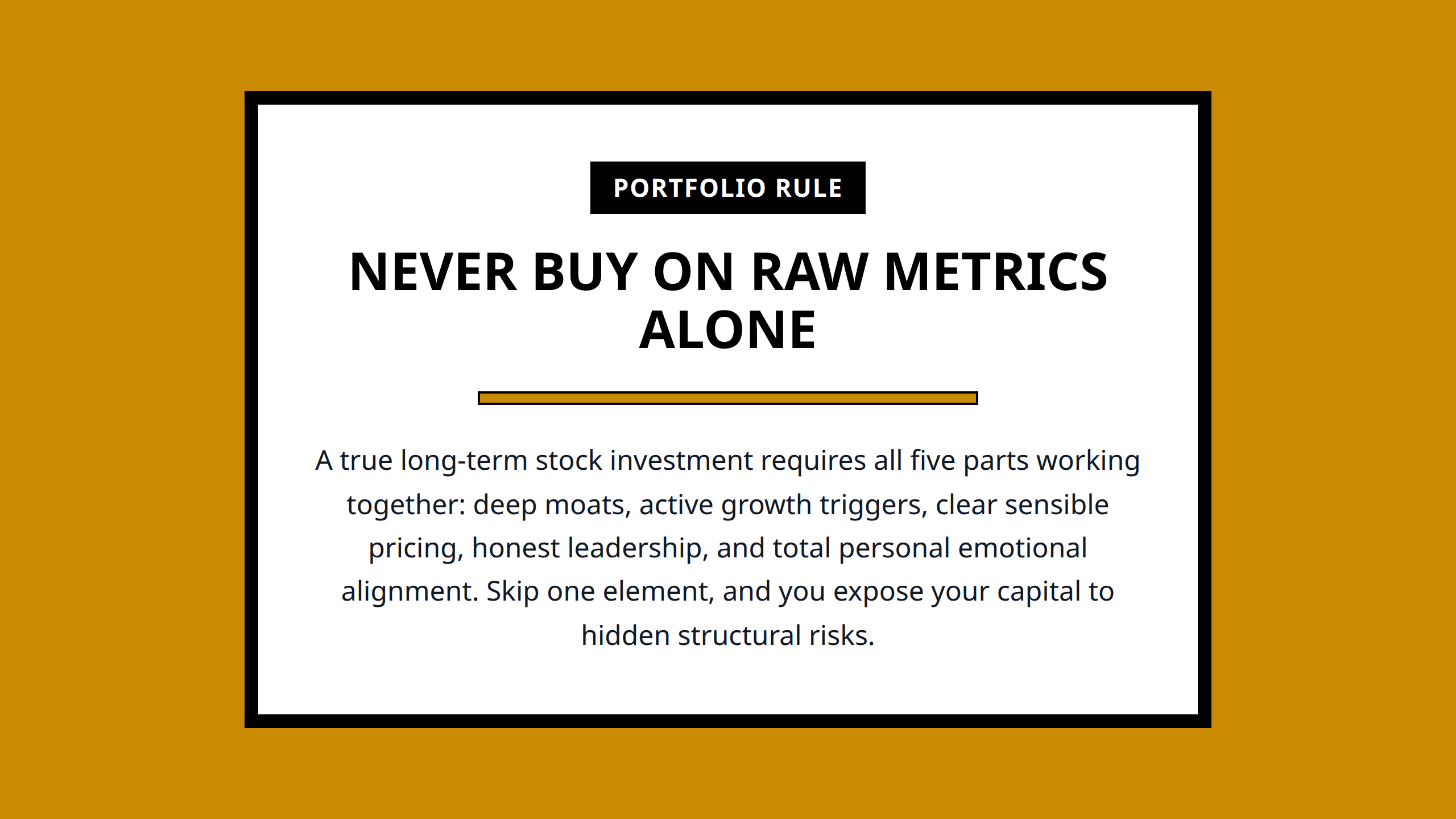 Mini poster emphasizing portfolio discipline and the combination of all five evaluation factors before buying stocks.