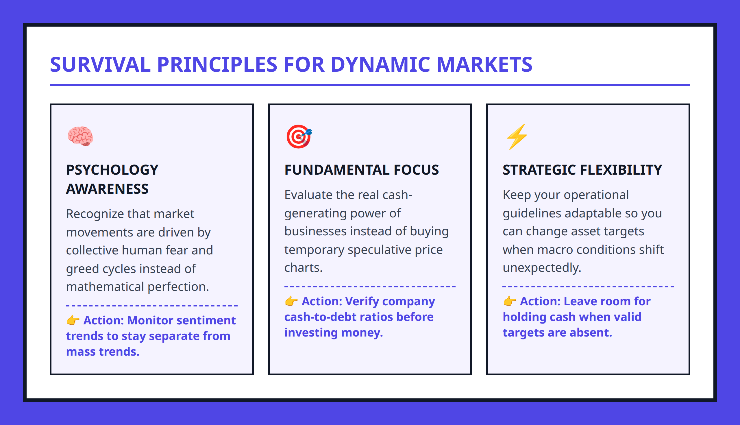 Card Grid layout displaying three core investing principles for unpredictable markets.