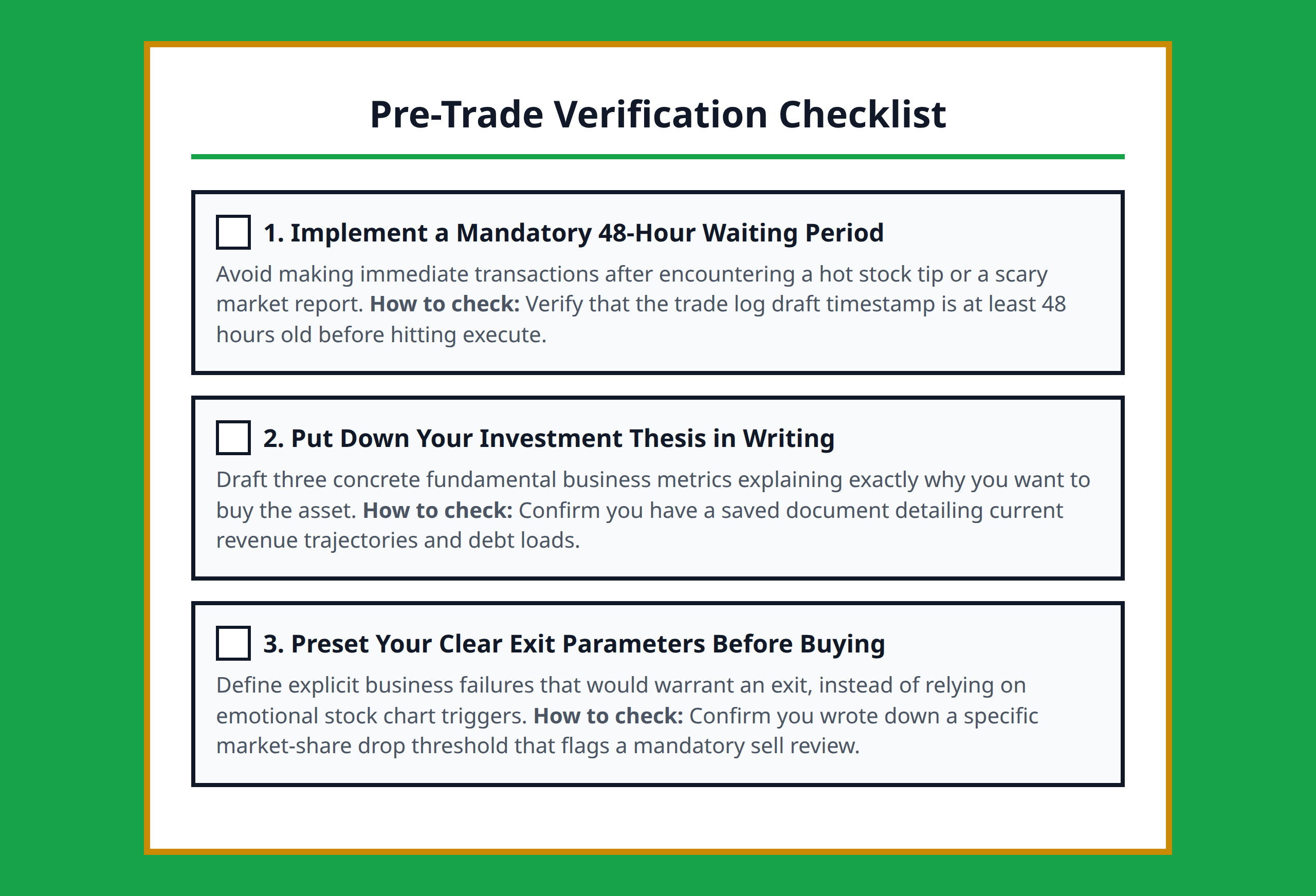Checklist showing practical execution rules to avoid emotional mistakes when buying or selling stocks.