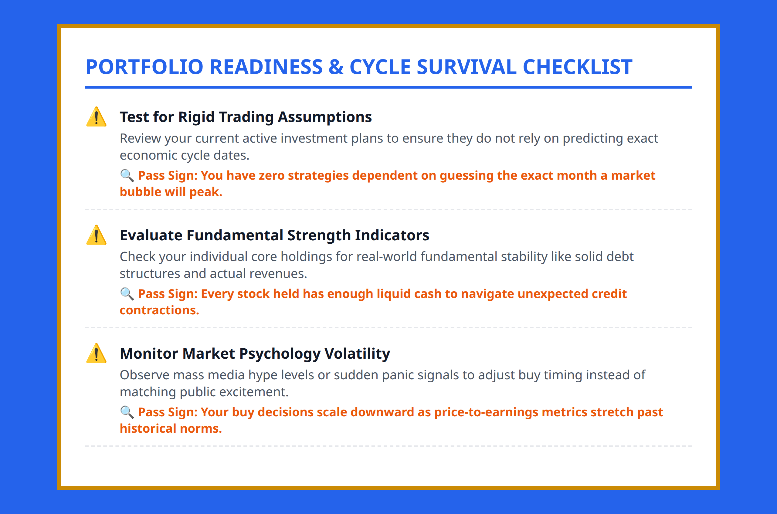 Checklist detailing actions to take for verifying market cycle risks and fundamental signals.