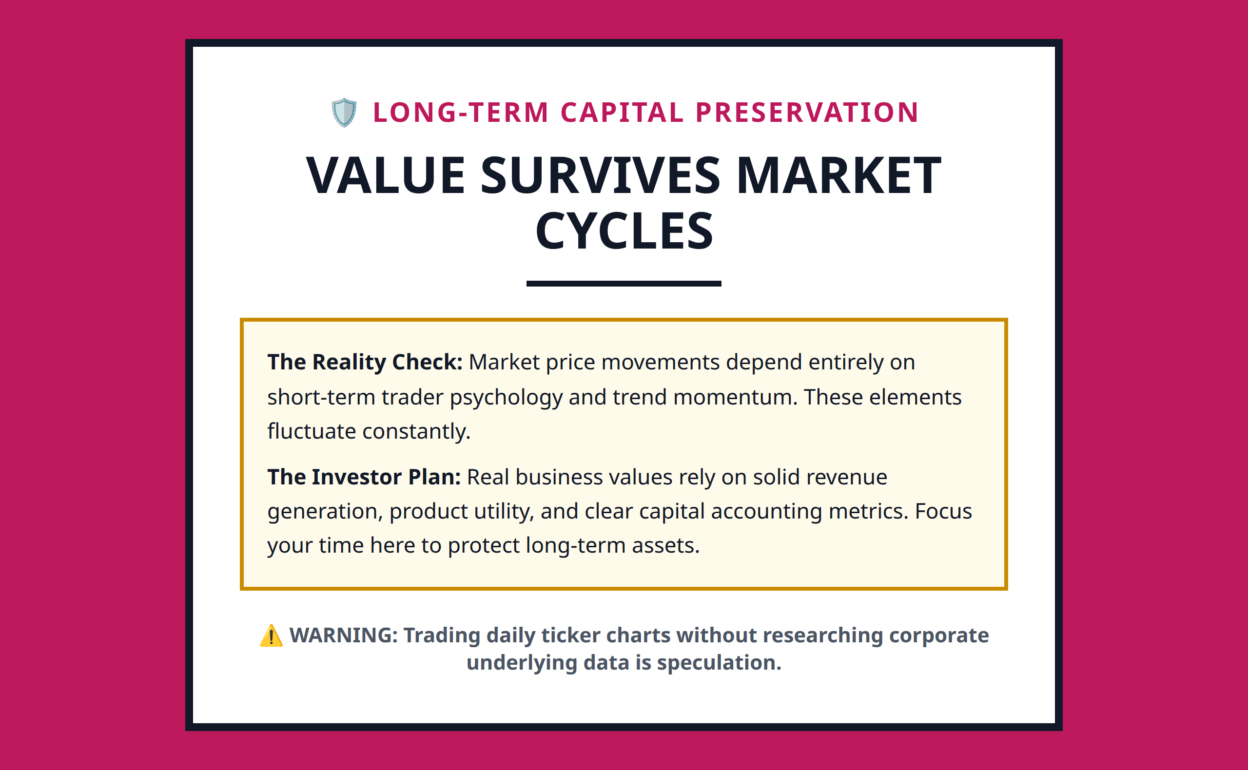 A mini poster summary emphasizing that corporate value outlasts short-term market price cycles.